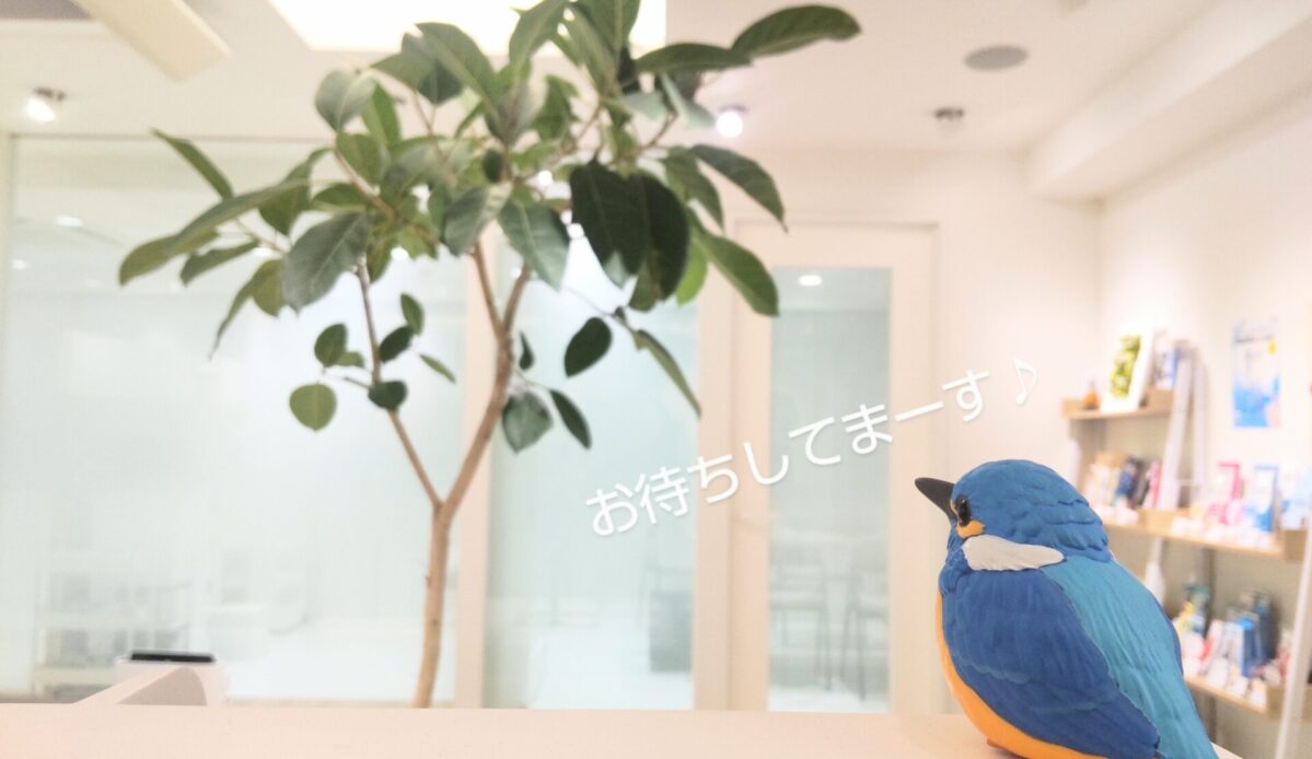受付の観葉植物とかわせみの置物に「お待ちしてます」の文字を重ねた写真