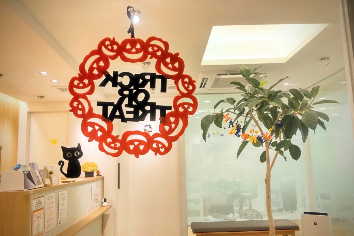 入口のハロウィン飾り越しに見える受付と観葉植物