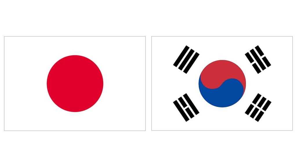 日本と韓国の国旗を横に並べた図