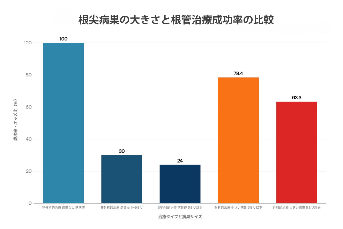 根尖病巣の大きさと根管治療成功率を比較した棒グラフ