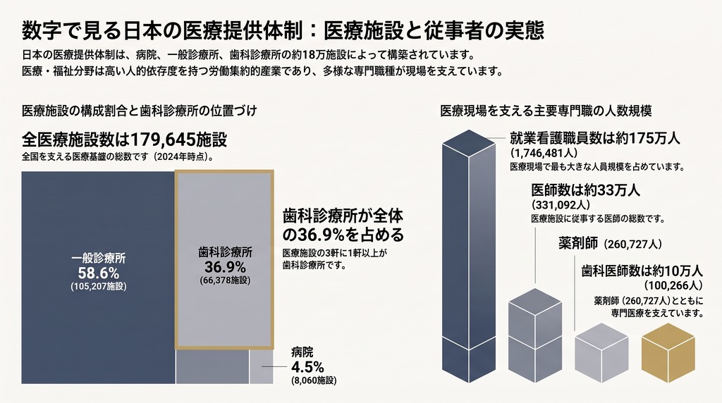 日本の医療施設の構成と主要な医療従事者数。歯科診療所66,378施設、医療施設で働く歯科医師100,266人。