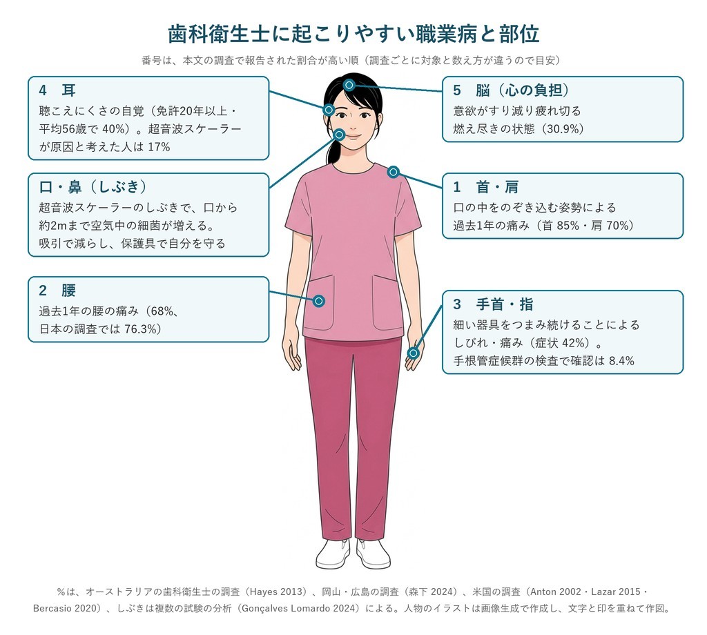 歯科衛生士に起こりやすい職業病と部位(首・肩、腰、手首・指、耳、脳、口・鼻)