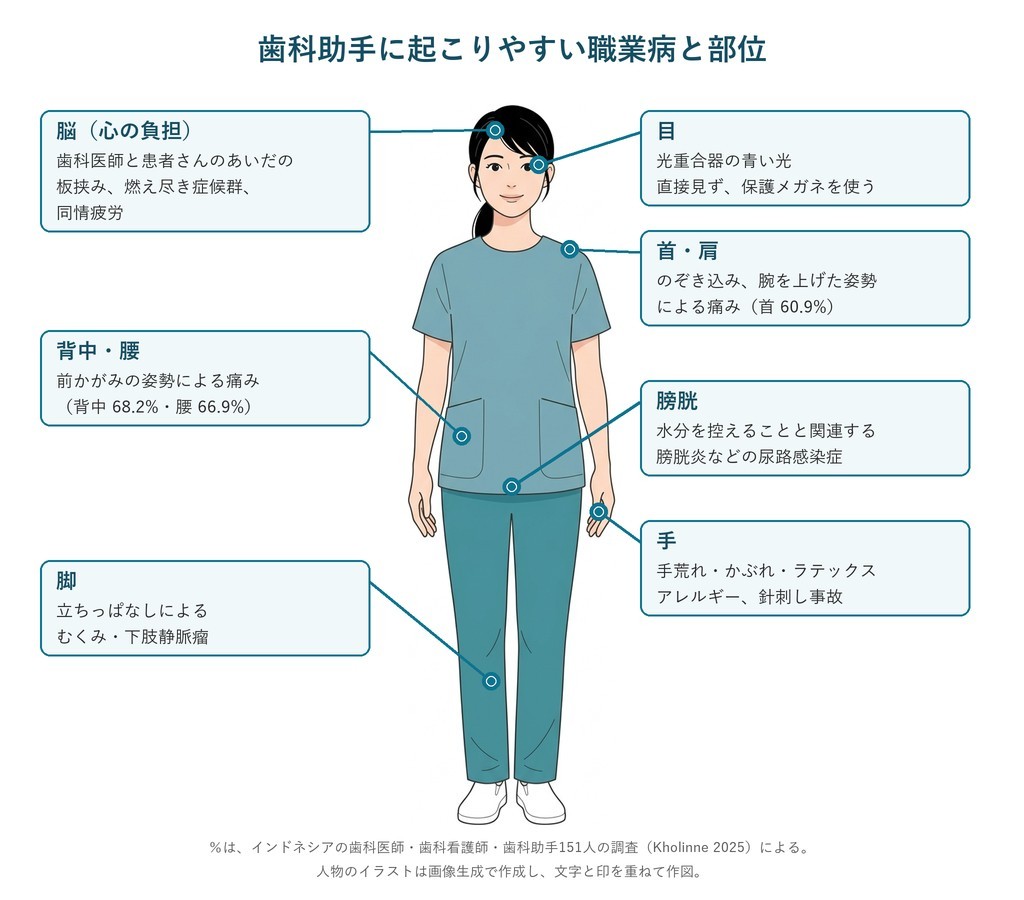 歯科助手に起こりやすい職業病と部位(目、首・肩、背中・腰、手、膀胱、脚、脳)