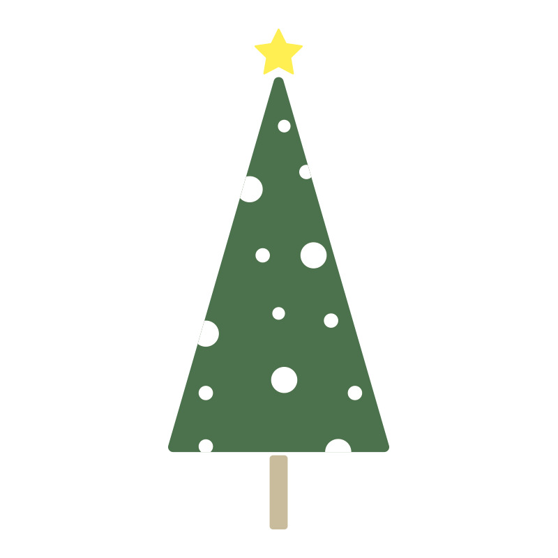 星と雪を飾った緑色のクリスマスツリーのイラスト