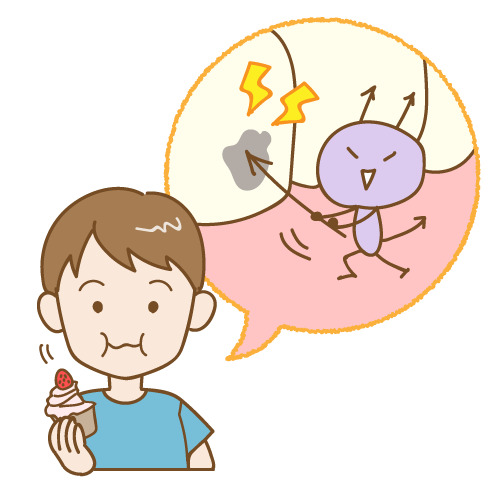 甘いものを食べる人と、虫歯菌が歯を傷める様子のイラスト