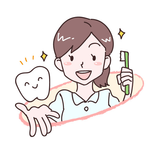 歯ブラシを持つ女性と笑顔の歯のイラスト
