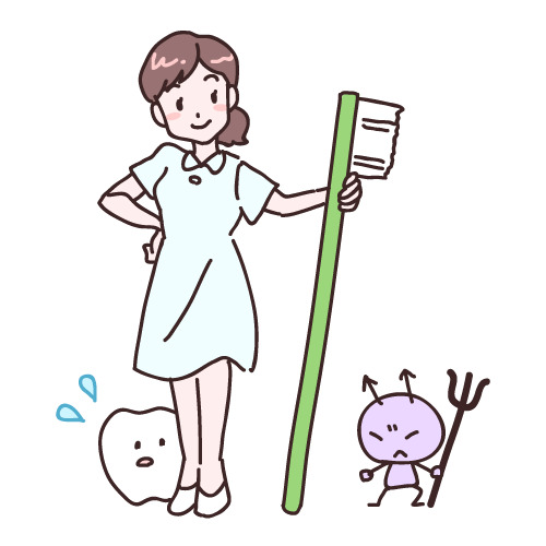 大きな歯ブラシを持つ歯科スタッフと、歯と虫歯菌のキャラクター