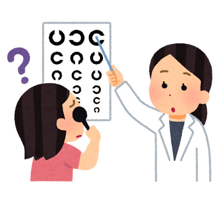 視力検査で指された輪の切れ目が分からず戸惑う子どものイラスト