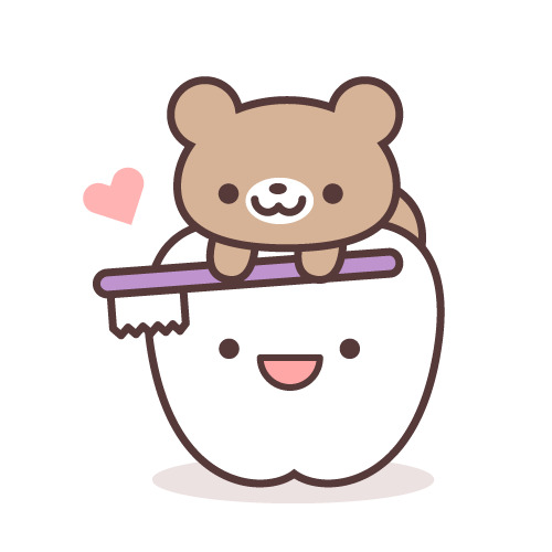 歯ブラシを持ち、歯の上に乗るクマのキャラクター