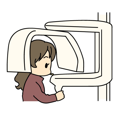 歯科用パノラマレントゲン撮影を受ける人のイラスト