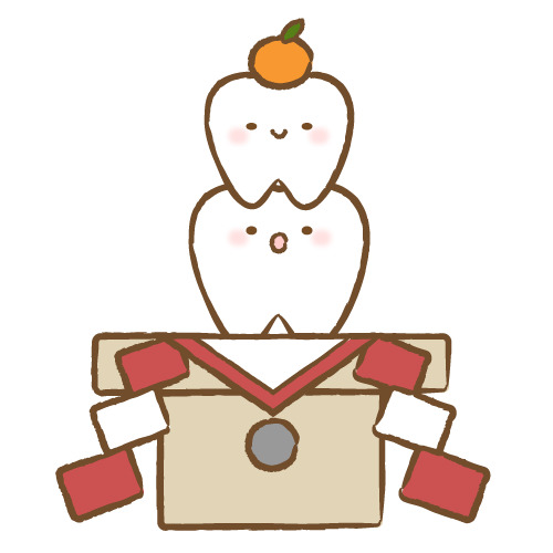 鏡餅に見立てて重ねられた歯のキャラクター