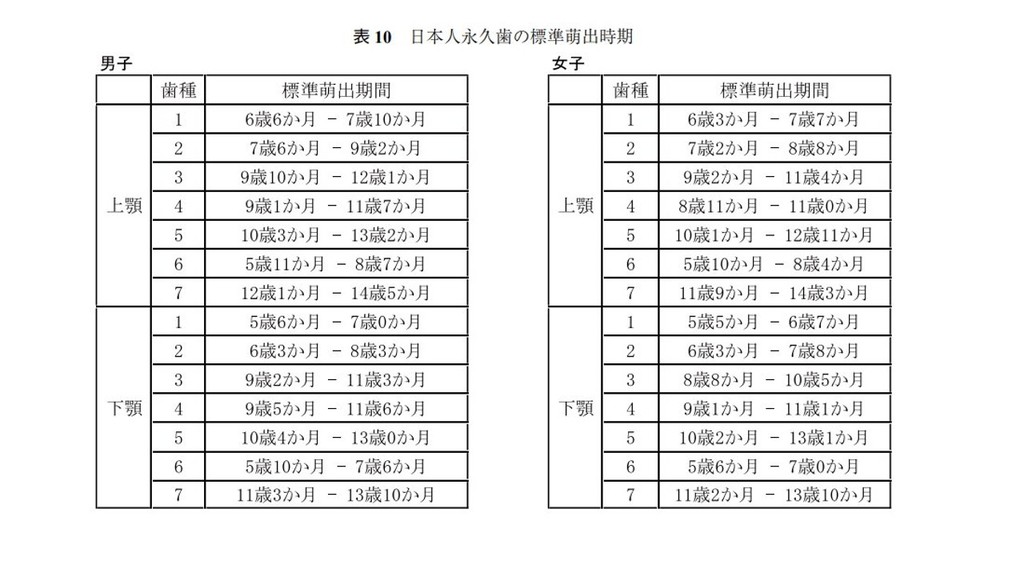 日本人永久歯の標準萌出時期を示す表10の元画像