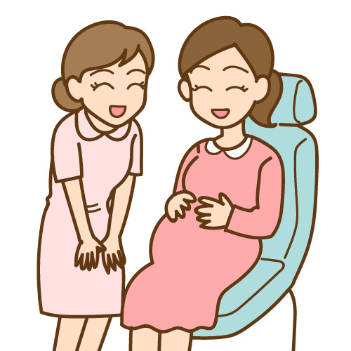 診療台に座る妊婦と歯科スタッフのイラスト