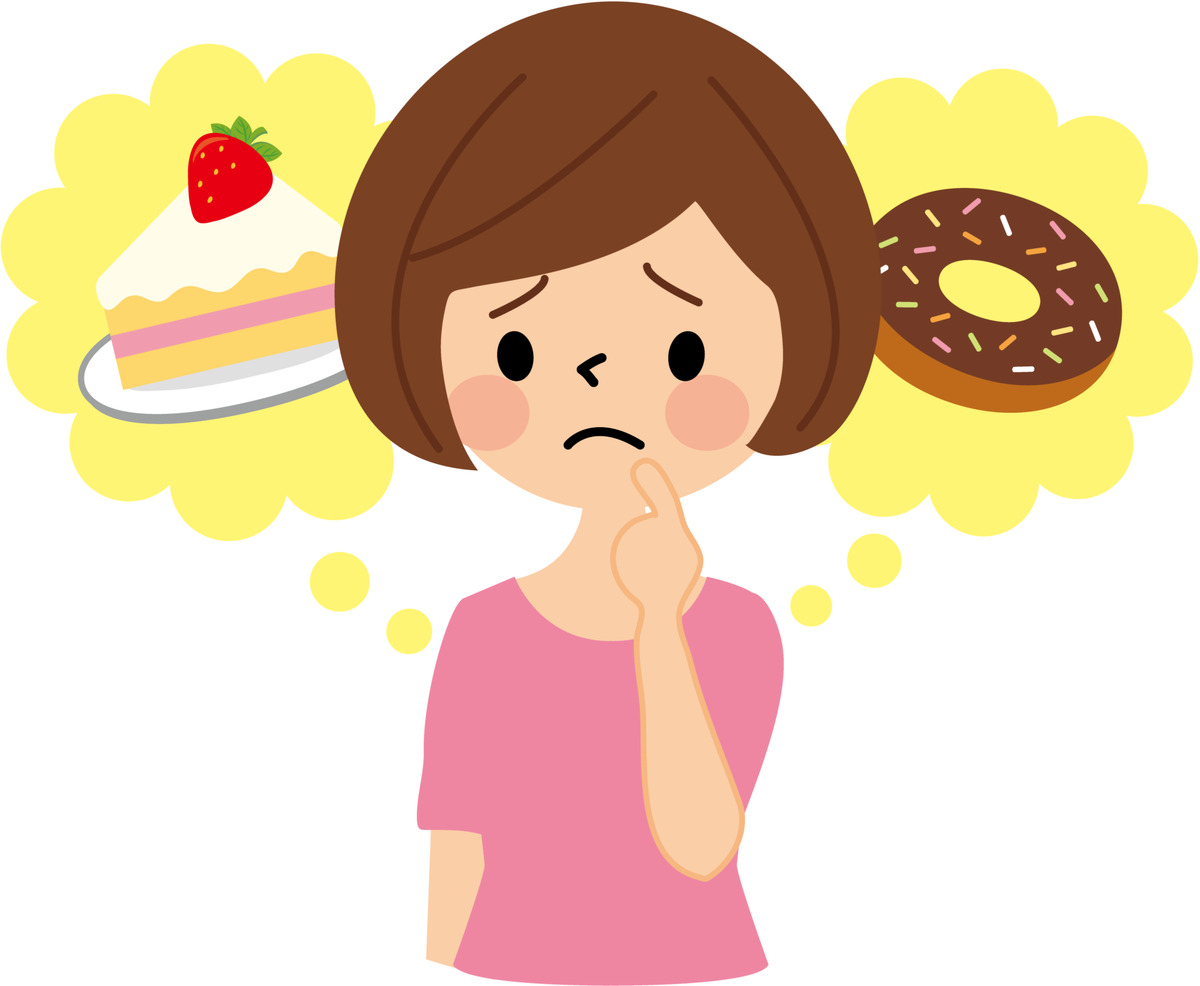 ケーキとドーナツを思い浮かべて迷う女性のイラスト