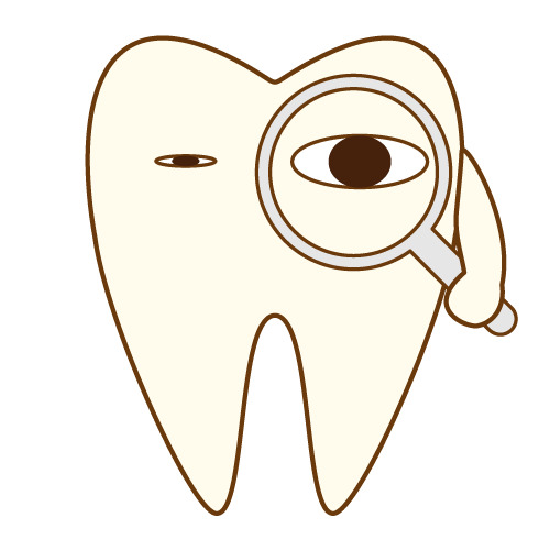 虫眼鏡を持って観察する歯のキャラクター