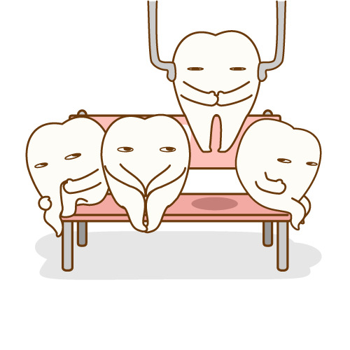 電車の座席とつり革につかまる歯のキャラクター