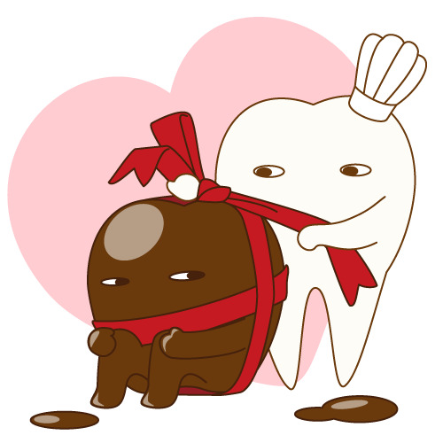 チョコレートをまとった歯にリボンを結ぶ歯のキャラクター