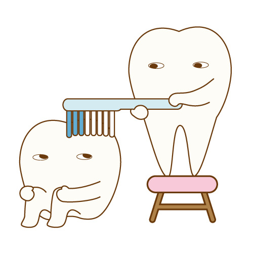 大きな歯ブラシで歯を磨き合う歯のキャラクター