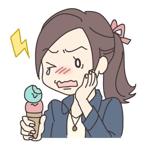 アイスを持ち、歯がしみて頬を押さえる女性のイラスト