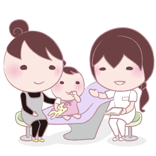 歯科の診療台で親子に説明する歯科スタッフのイラスト