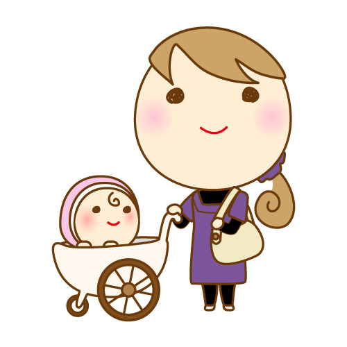 赤ちゃんを乗せたベビーカーを押す母親のイラスト