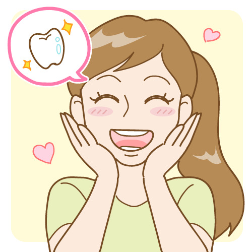 白い歯を見せて笑う女性と輝く歯のイラスト