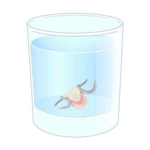 コップの液体に入れ歯を浸けているイラスト